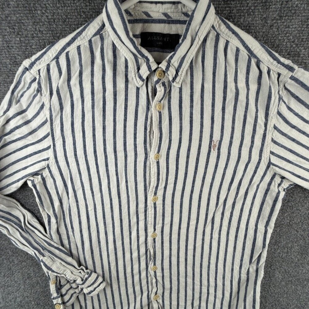 All Saints Blue and White Striped Casual Button Down Shirt
